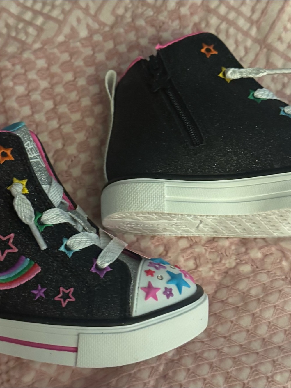 Skechers Kids Black Glitter High-Top Sneakers-Rainbow &Star Embroidery lights up - Picture 8 of 8